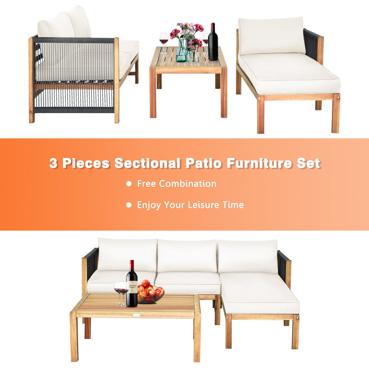 3 Pieces Patio Acacia Wood Sofa Furniture Set with Nylon Rope Armrest-White view 5