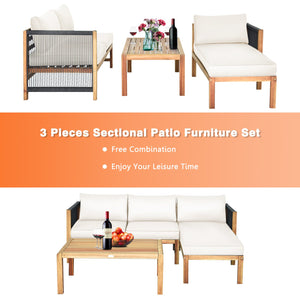 3 Pieces Patio Acacia Wood Sofa Furniture Set with Nylon Rope Armrest-White view 5