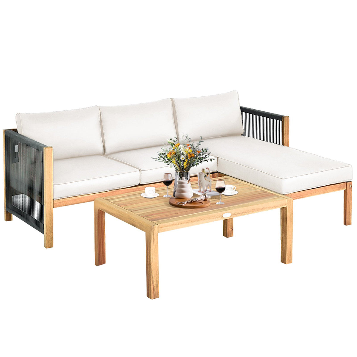 3 Pieces Patio Acacia Wood Sofa Furniture Set with Nylon Rope Armrest-White view 7