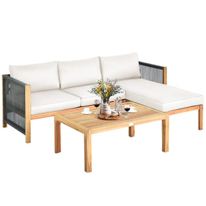 3 Pieces Patio Acacia Wood Sofa Furniture Set with Nylon Rope Armrest-White view 7