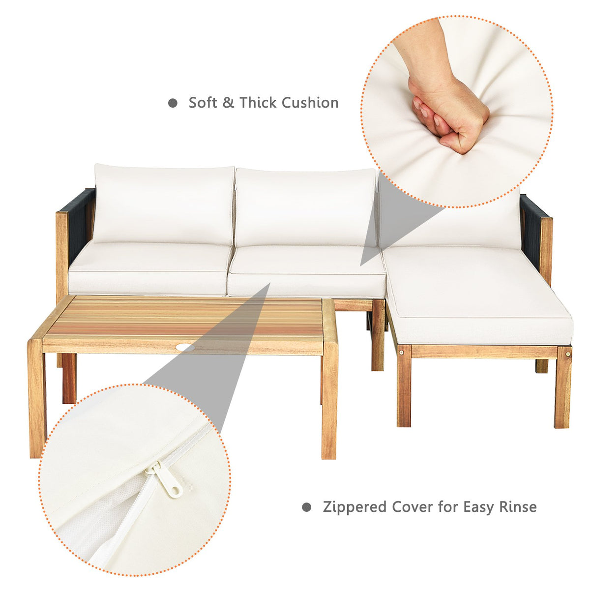 3 Pieces Patio Acacia Wood Sofa Furniture Set with Nylon Rope Armrest-White view 8
