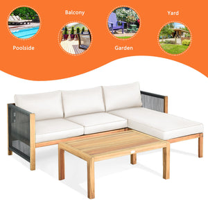 3 Pieces Patio Acacia Wood Sofa Furniture Set with Nylon Rope Armrest-White view 9