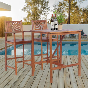 3 Pieces Acacia Wood Patio Bar Set with Sunflower Patterned Backrest view 2