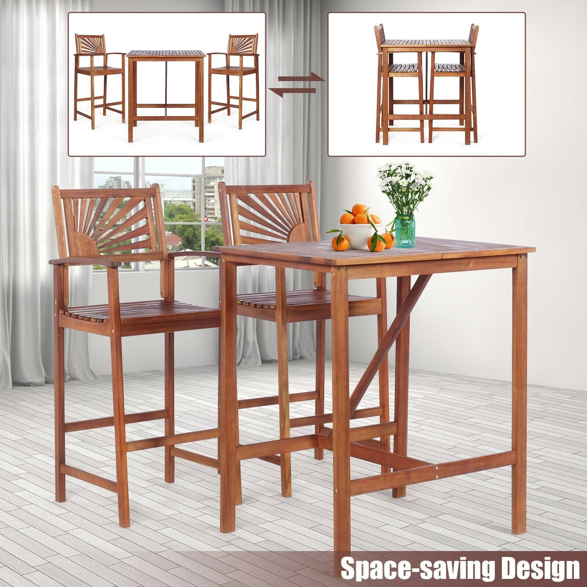 3 Pieces Acacia Wood Patio Bar Set with Sunflower Patterned Backrest view 3