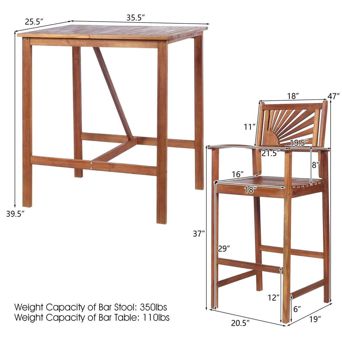 3 Pieces Acacia Wood Patio Bar Set with Sunflower Patterned Backrest view 4