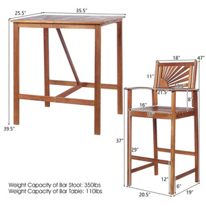 3 Pieces Acacia Wood Patio Bar Set with Sunflower Patterned Backrest view 4