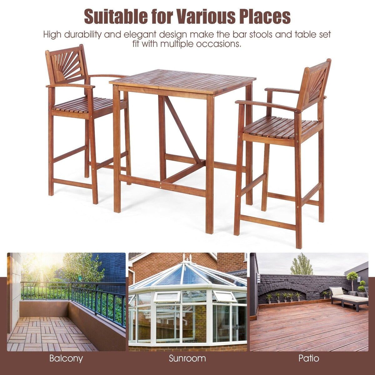 3 Pieces Acacia Wood Patio Bar Set with Sunflower Patterned Backrest view 5