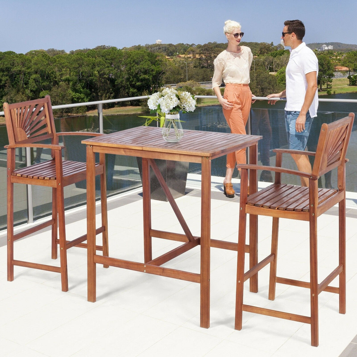 3 Pieces Acacia Wood Patio Bar Set with Sunflower Patterned Backrest view 6