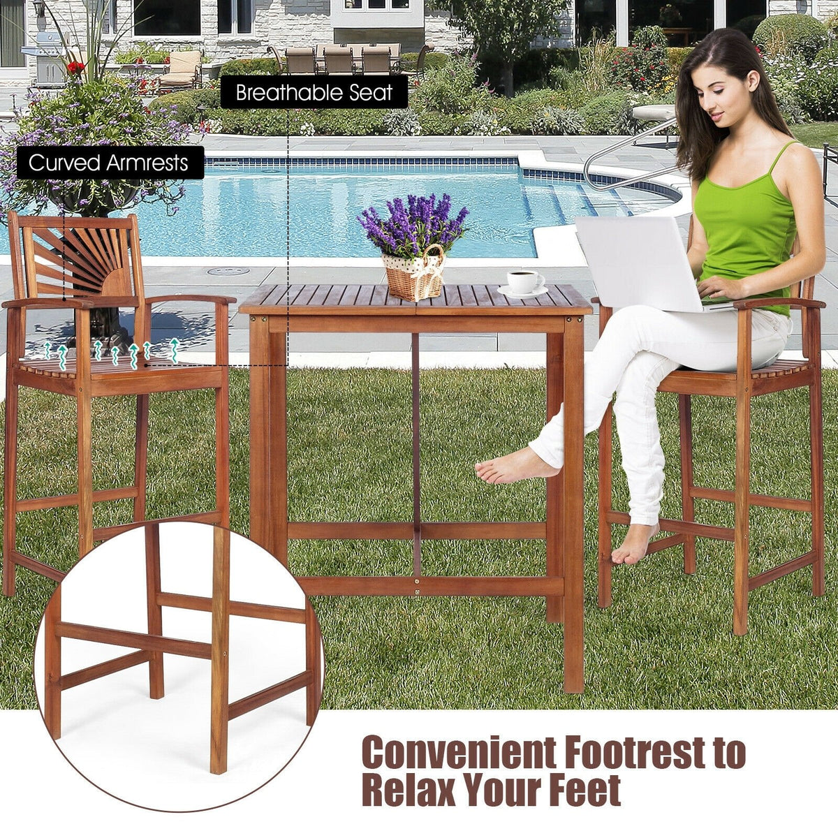 3 Pieces Acacia Wood Patio Bar Set with Sunflower Patterned Backrest view 7