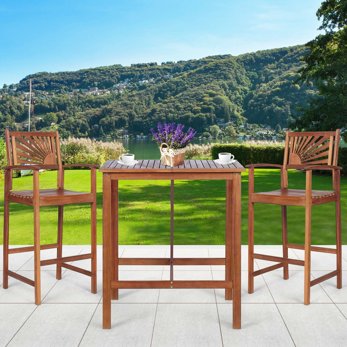 3 Pieces Acacia Wood Patio Bar Set with Sunflower Patterned Backrest view 8