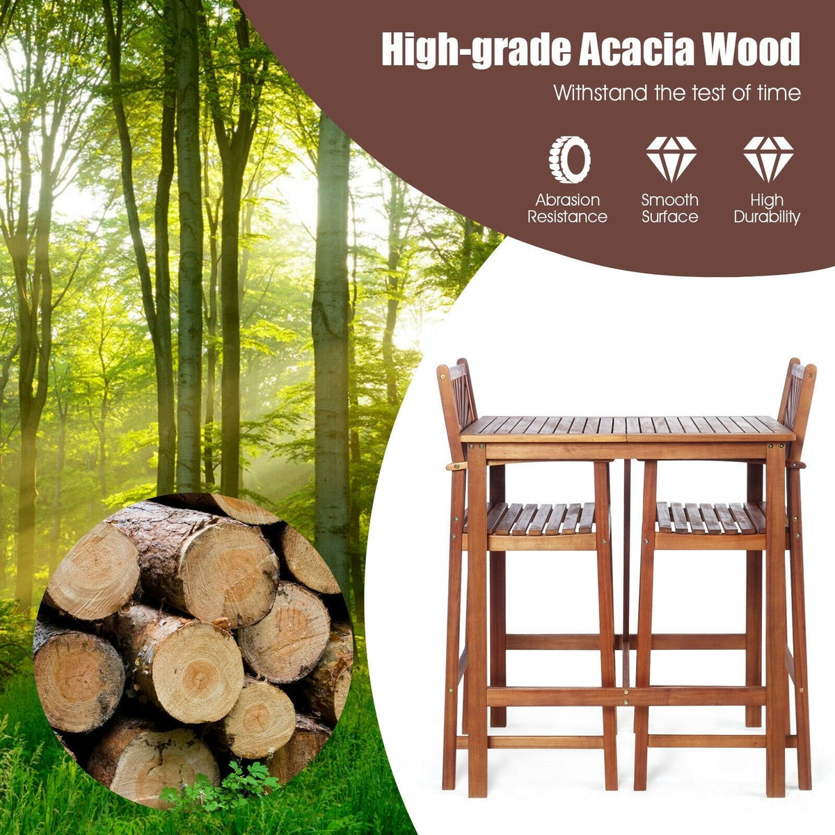 3 Pieces Acacia Wood Patio Bar Set with Sunflower Patterned Backrest view 9
