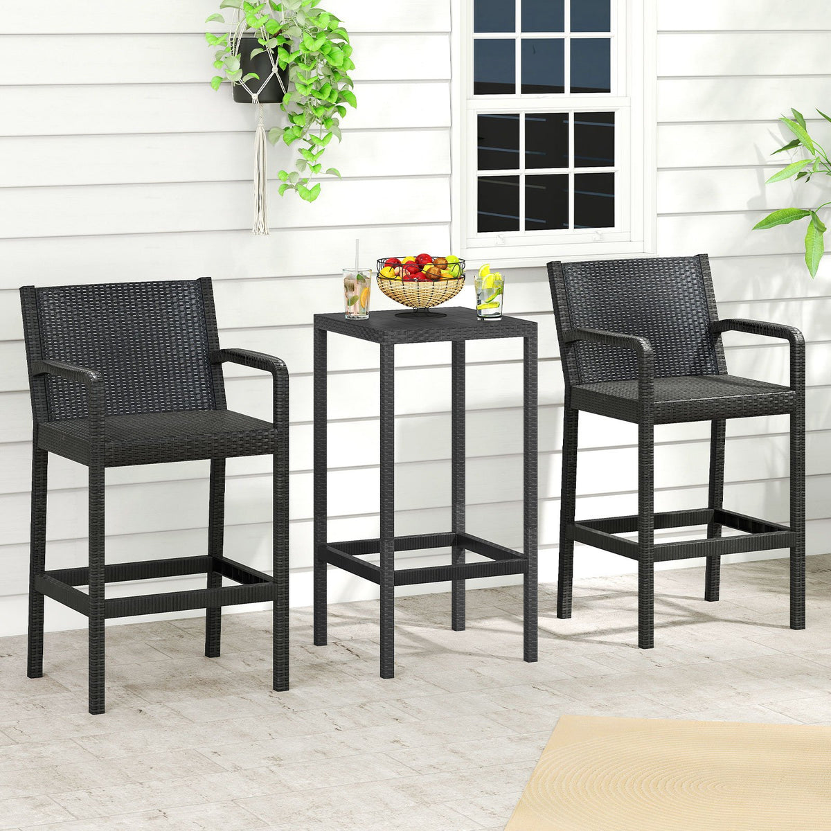 3 Pieces Patio Bar Set with 2 Stools and 1 Bar Table-Black view 2