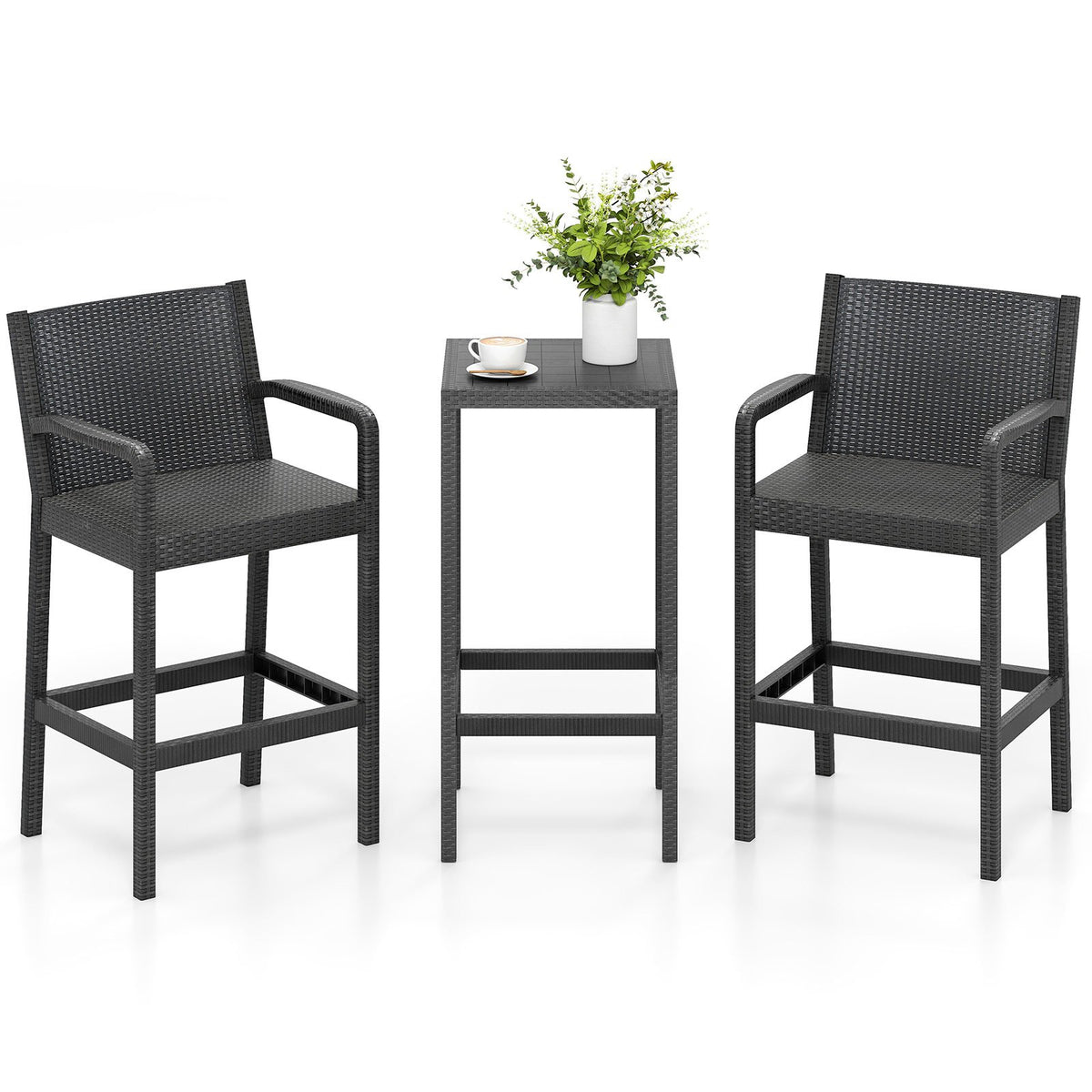 3 Pieces Patio Bar Set with 2 Stools and 1 Bar Table-Black view 3