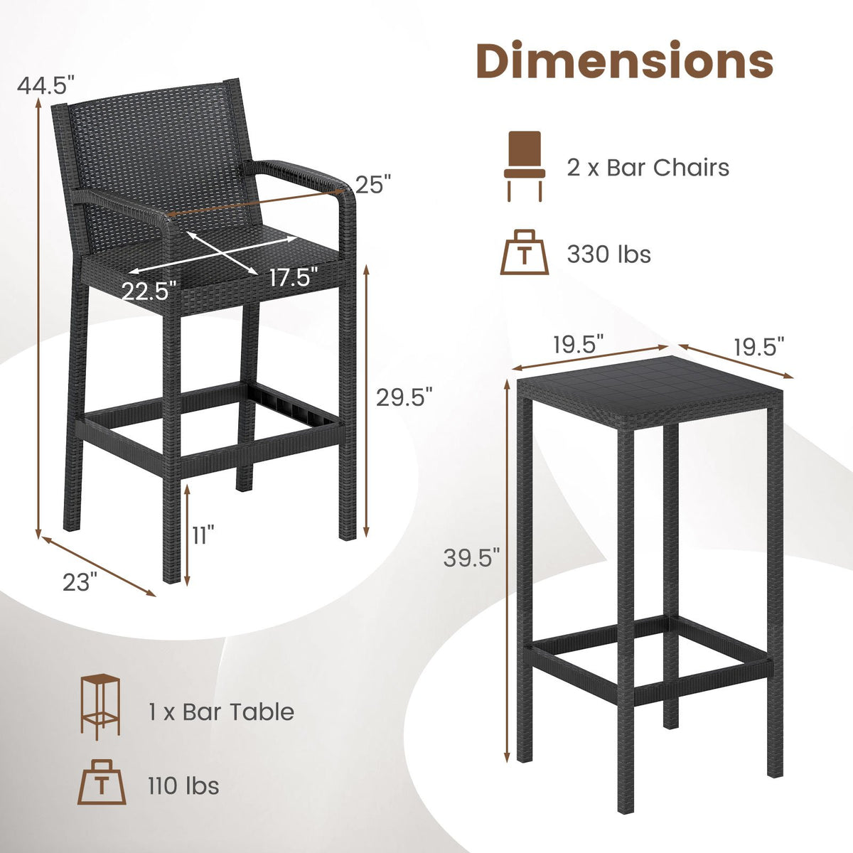 3 Pieces Patio Bar Set with 2 Stools and 1 Bar Table-Black view 4