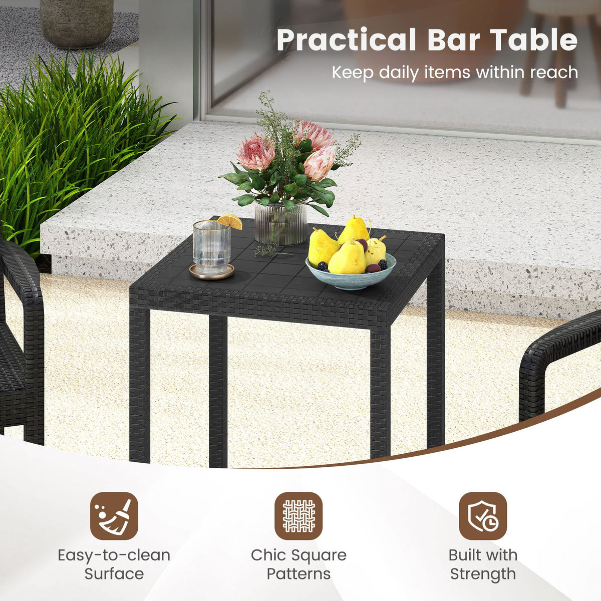 3 Pieces Patio Bar Set with 2 Stools and 1 Bar Table-Black view 6