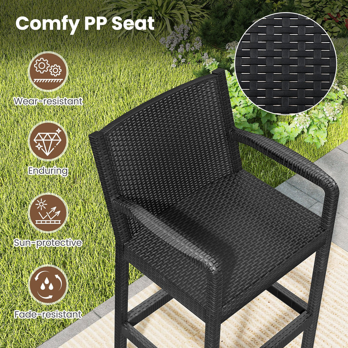 3 Pieces Patio Bar Set with 2 Stools and 1 Bar Table-Black view 7