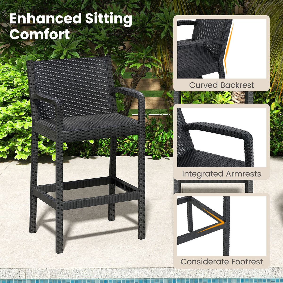 3 Pieces Patio Bar Set with 2 Stools and 1 Bar Table-Black view 8