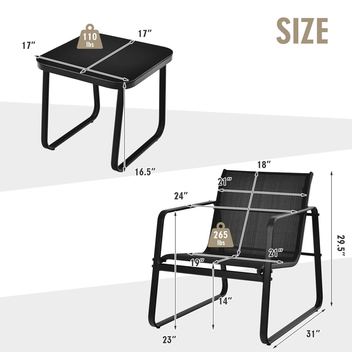 3 Pieces Patio Bistro Furniture Set with Glass Top Table Garden Deck-Black view 4