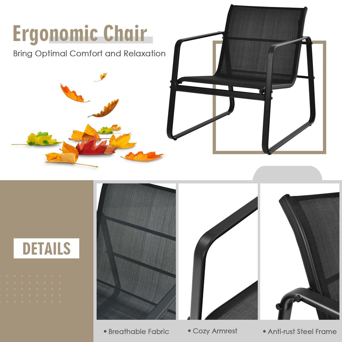 3 Pieces Patio Bistro Furniture Set with Glass Top Table Garden Deck-Black view 5