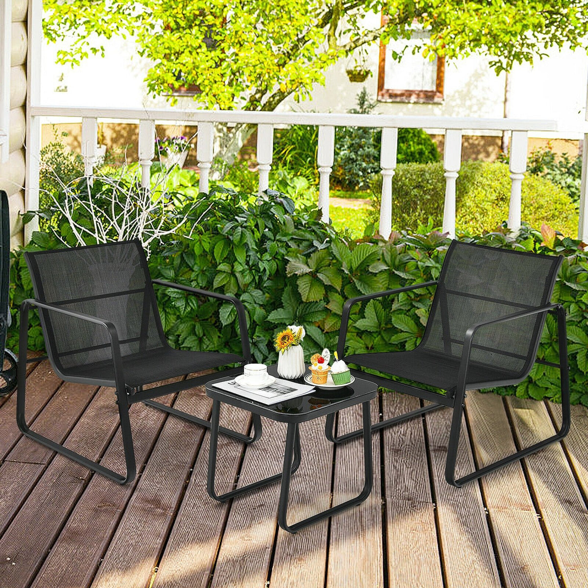 3 Pieces Patio Bistro Furniture Set with Glass Top Table Garden Deck-Black view 6