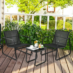 3 Pieces Patio Bistro Furniture Set with Glass Top Table Garden Deck-Black view 6