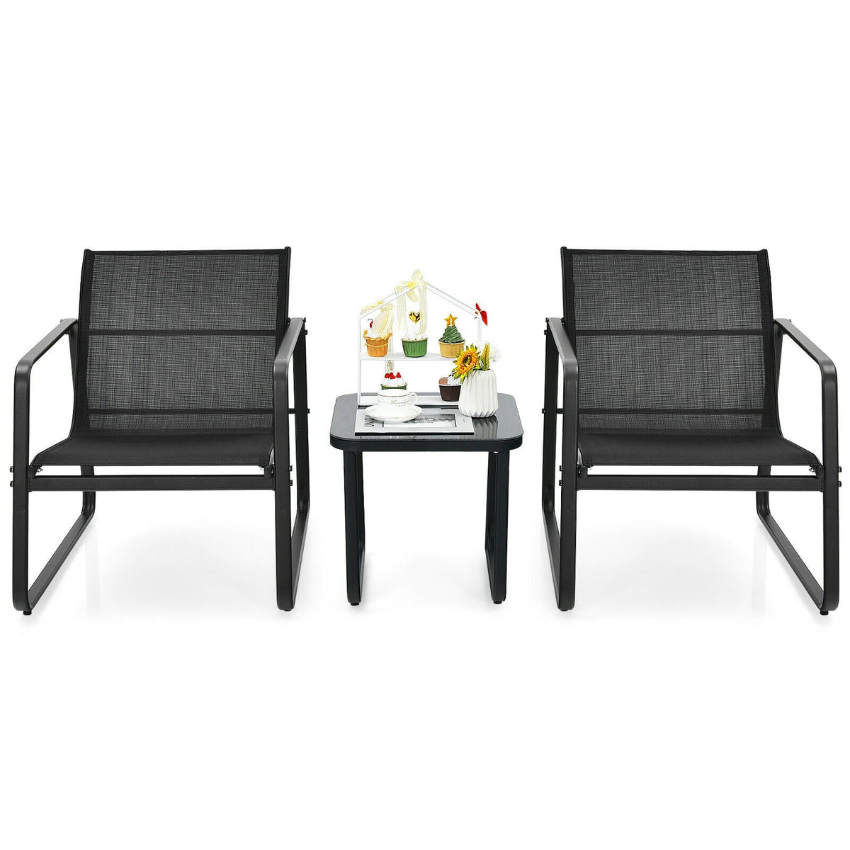 3 Pieces Patio Bistro Furniture Set with Glass Top Table Garden Deck-Black view 8
