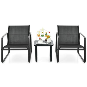 3 Pieces Patio Bistro Furniture Set with Glass Top Table Garden Deck-Black view 8