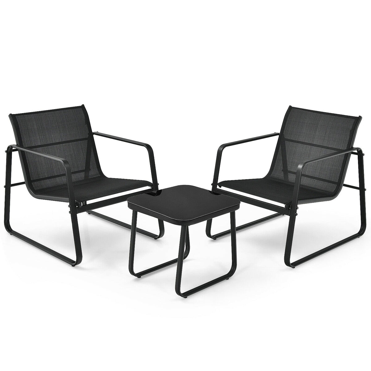 3 Pieces Patio Bistro Furniture Set with Glass Top Table Garden Deck-Black view 9