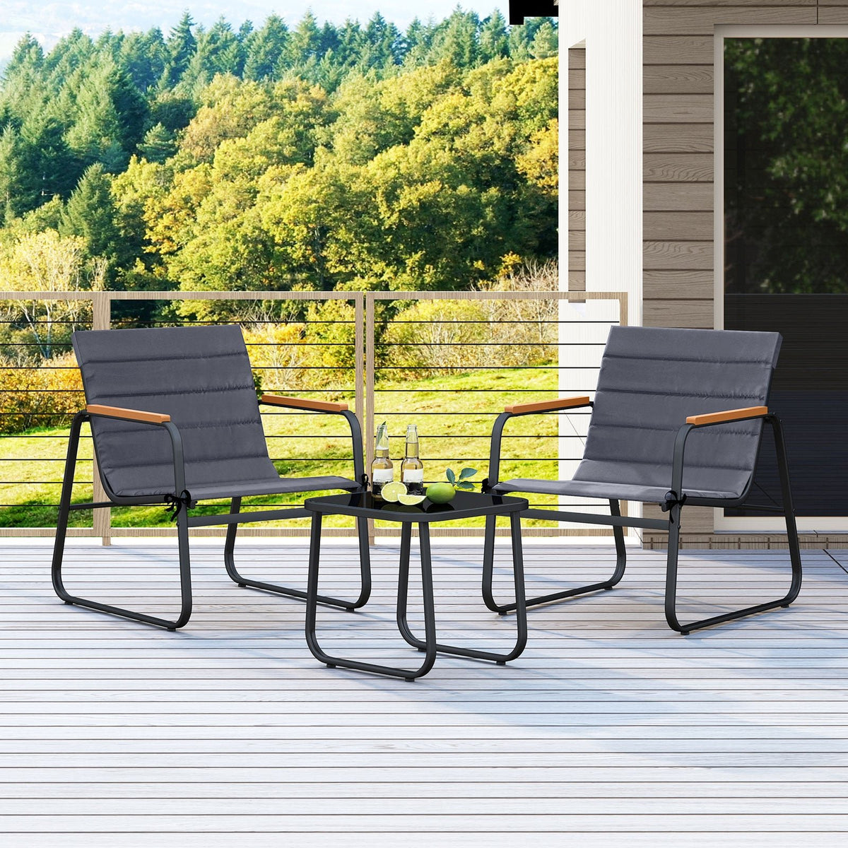 3 Pieces Patio Bistro Set Outdoor Fabric Conversation Set-Gray view 2