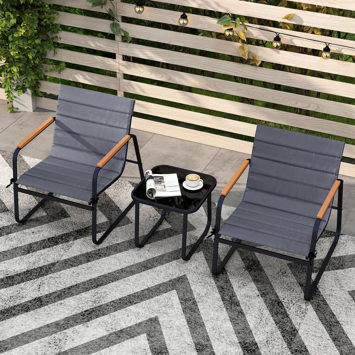 3 Pieces Patio Bistro Set Outdoor Fabric Conversation Set-Gray view 3