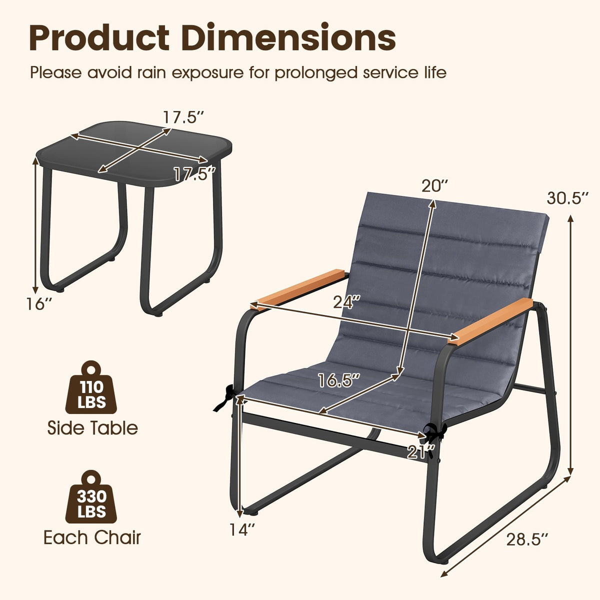 3 Pieces Patio Bistro Set Outdoor Fabric Conversation Set-Gray view 5