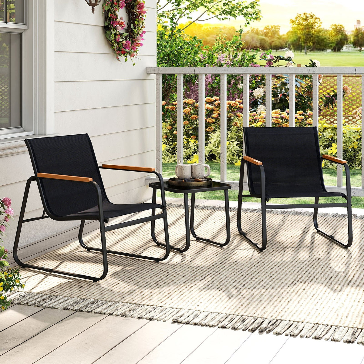 3 Pieces Patio Bistro Set Outdoor Fabric Conversation Set-Gray view 6