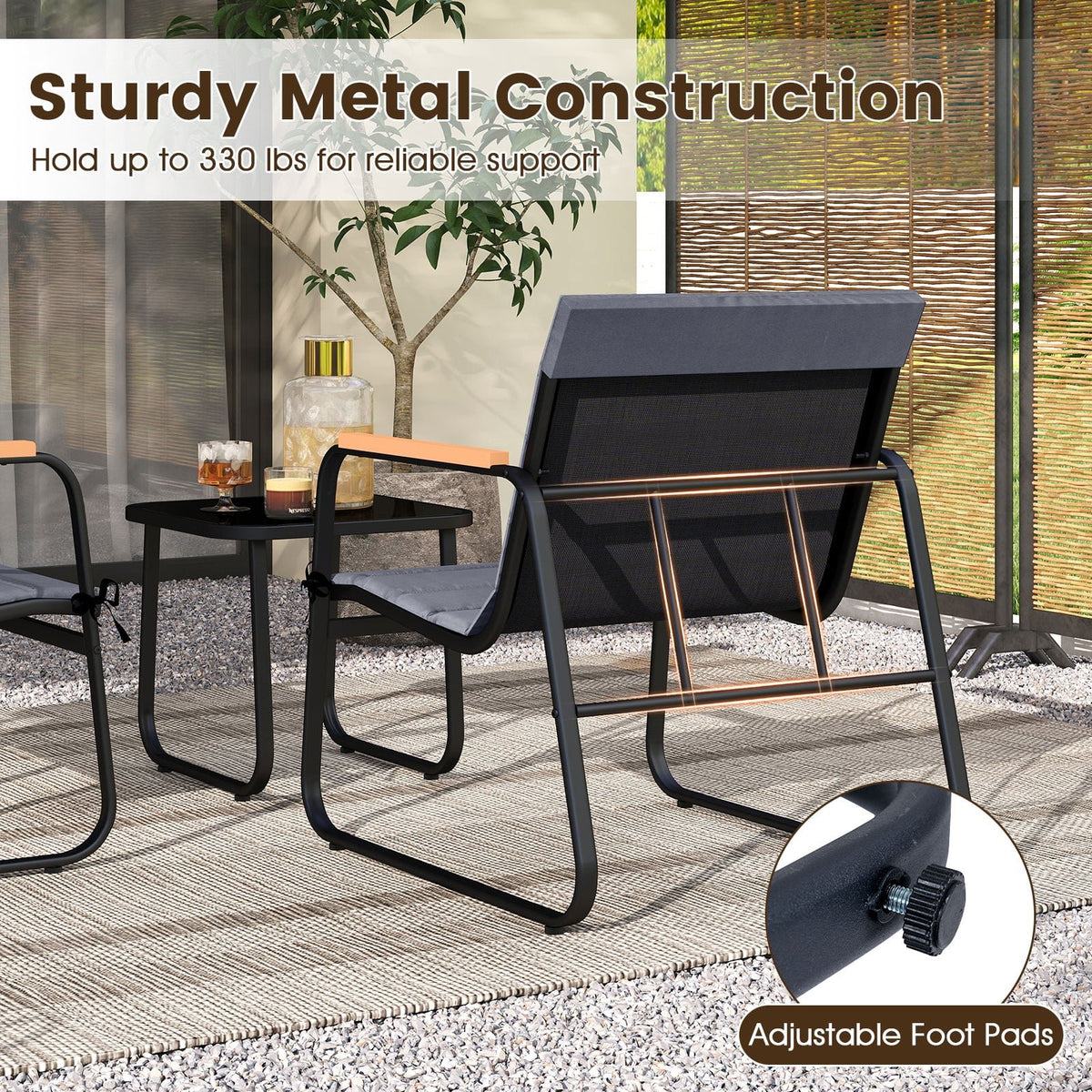 3 Pieces Patio Bistro Set Outdoor Fabric Conversation Set-Gray view 9