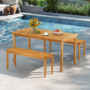 3 Pieces Patio Dining Set with Acacia Wood Outdoor Table and Benches view 2