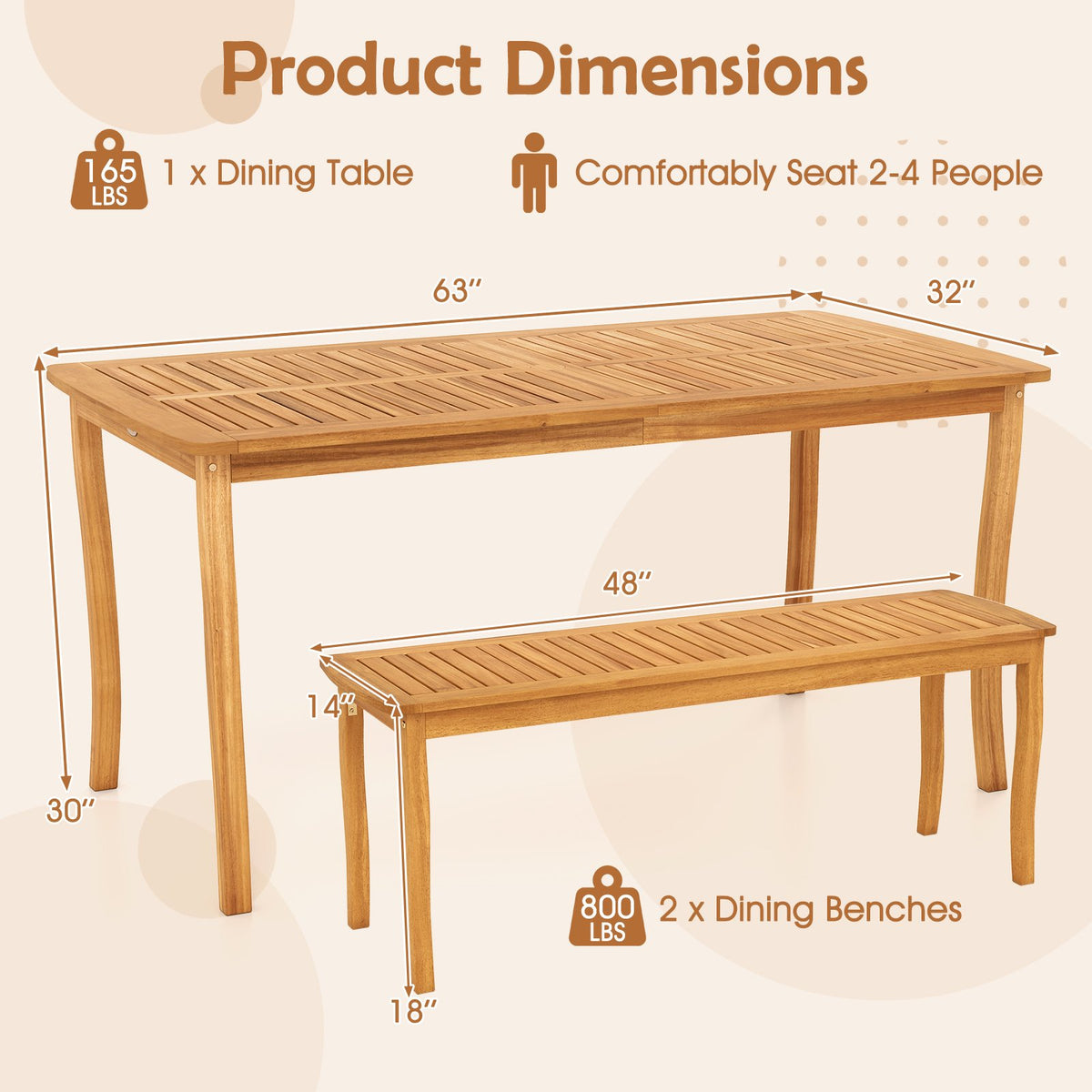 3 Pieces Patio Dining Set with Acacia Wood Outdoor Table and Benches view 4