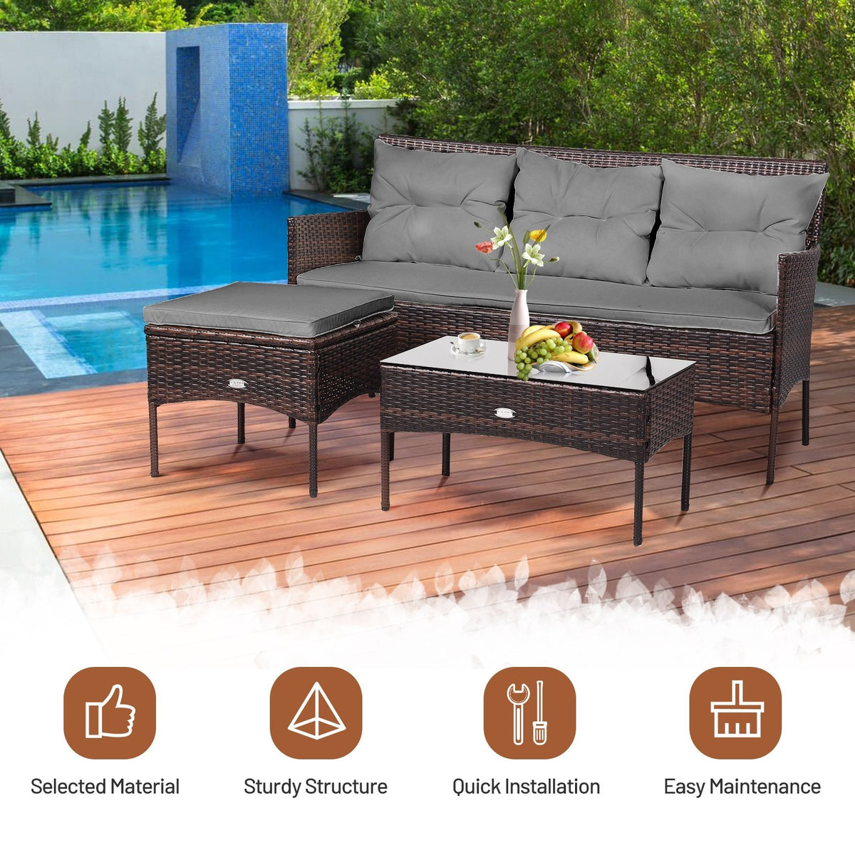 3 Pieces Patio Furniture Sectional Set with 5 Cozy Seat and Back Cushions-Gray view 3