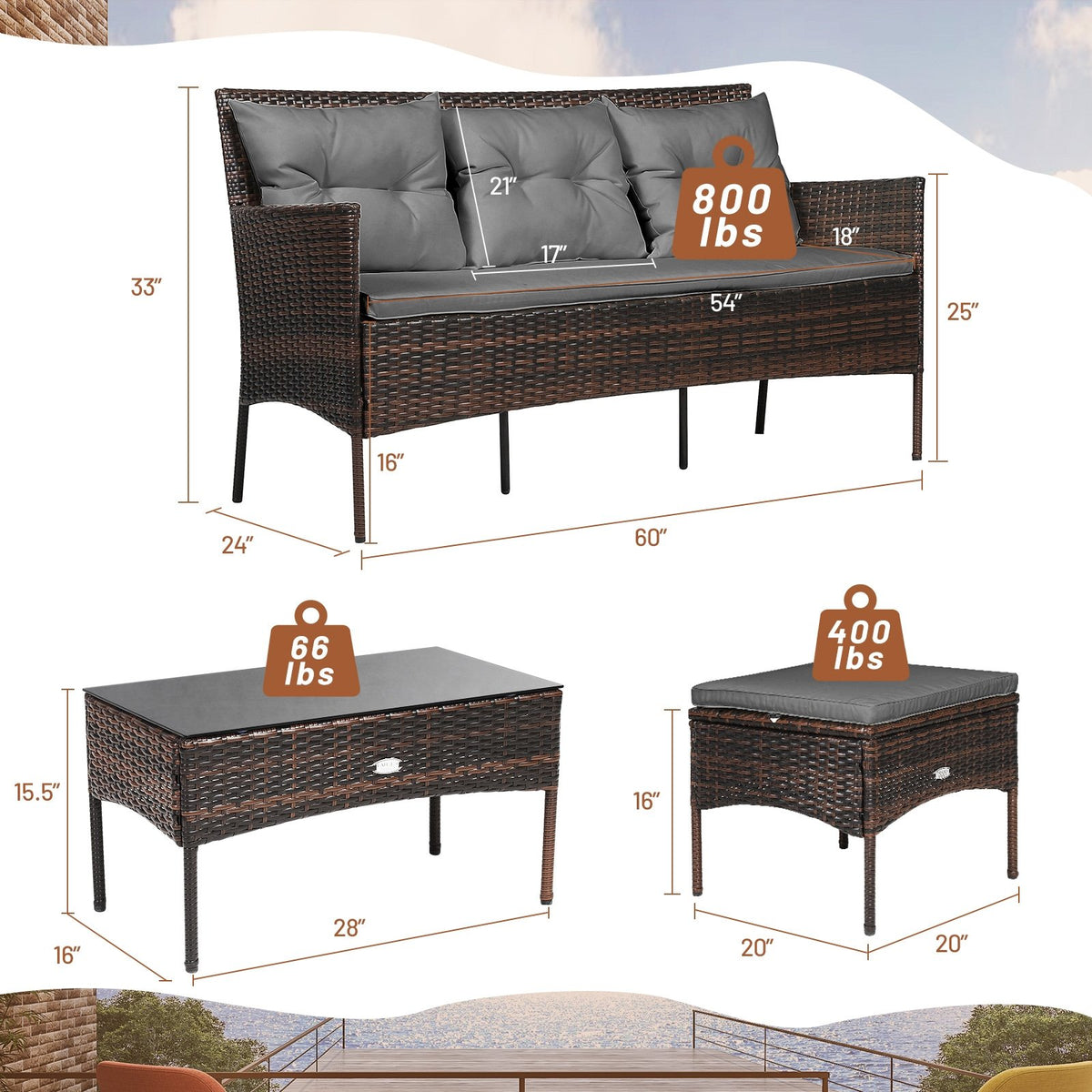 3 Pieces Patio Furniture Sectional Set with 5 Cozy Seat and Back Cushions-Gray view 4