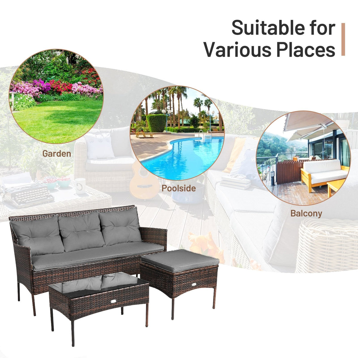 3 Pieces Patio Furniture Sectional Set with 5 Cozy Seat and Back Cushions-Gray view 5