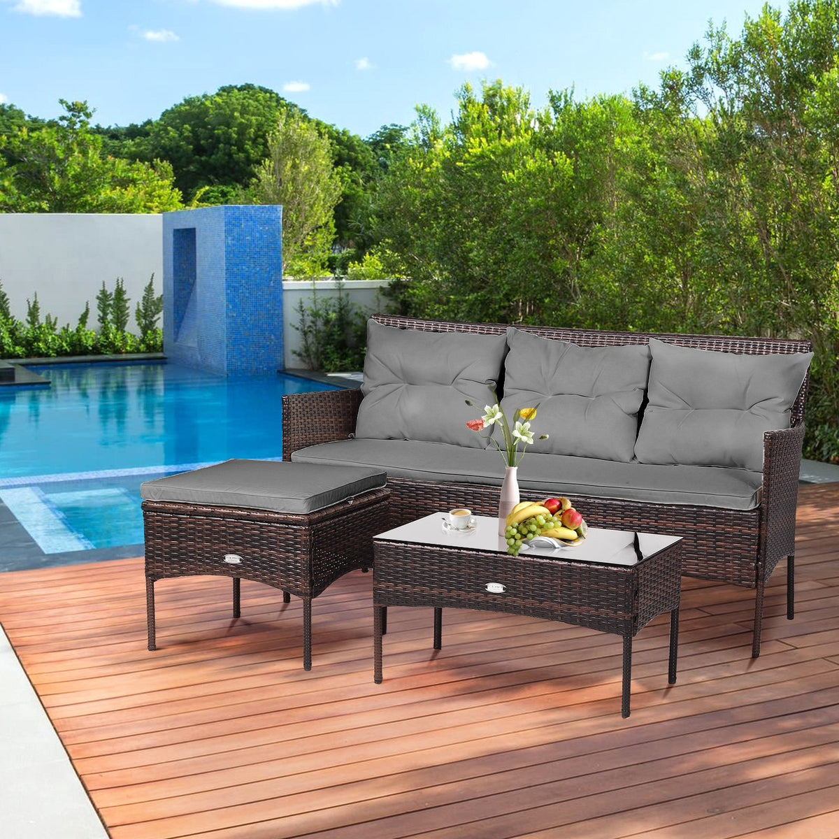 3 Pieces Patio Furniture Sectional Set with 5 Cozy Seat and Back Cushions-Gray view 8