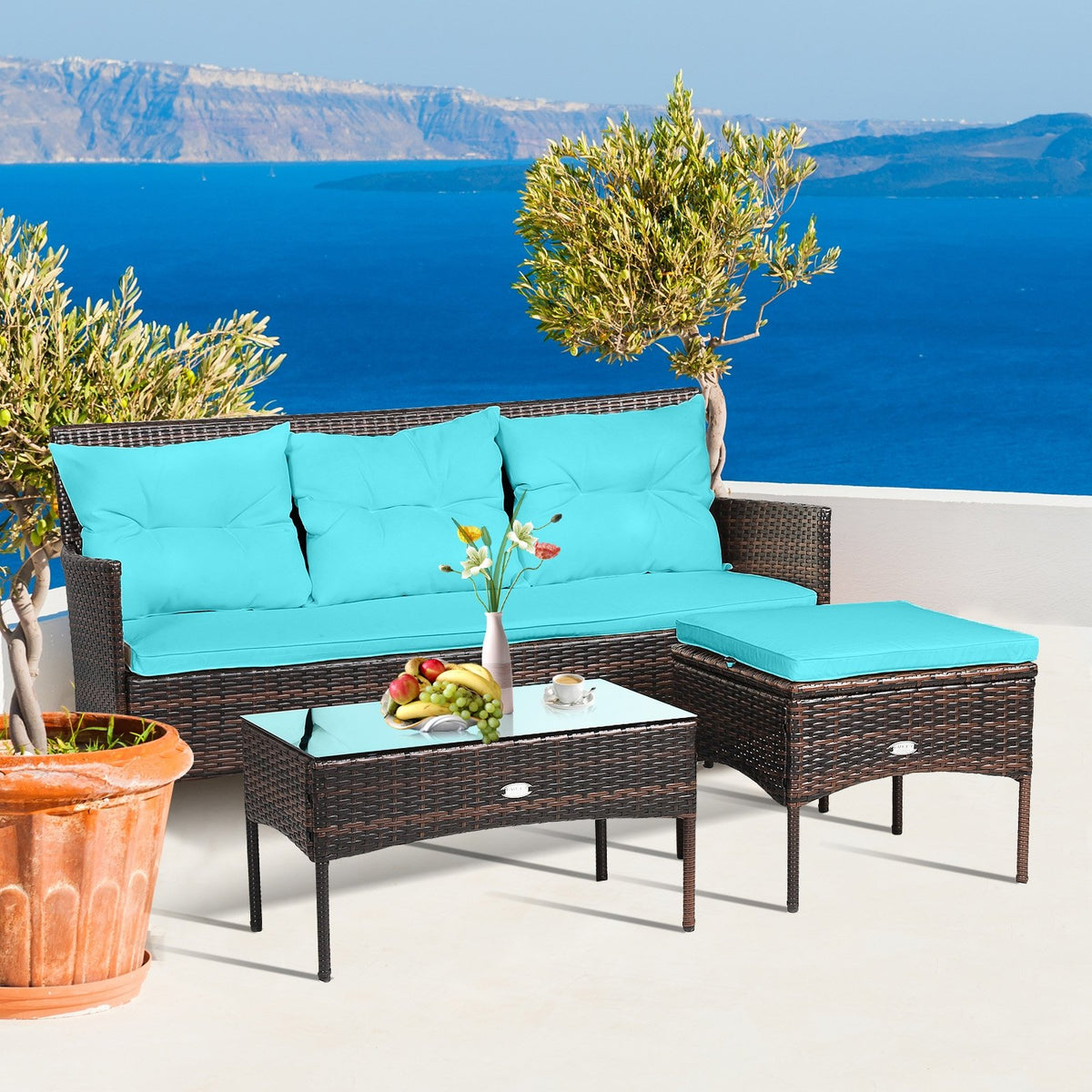3 Pieces Patio Furniture Sectional Set with 5 Cozy Seat and Back Cushions-Turquoise view 2