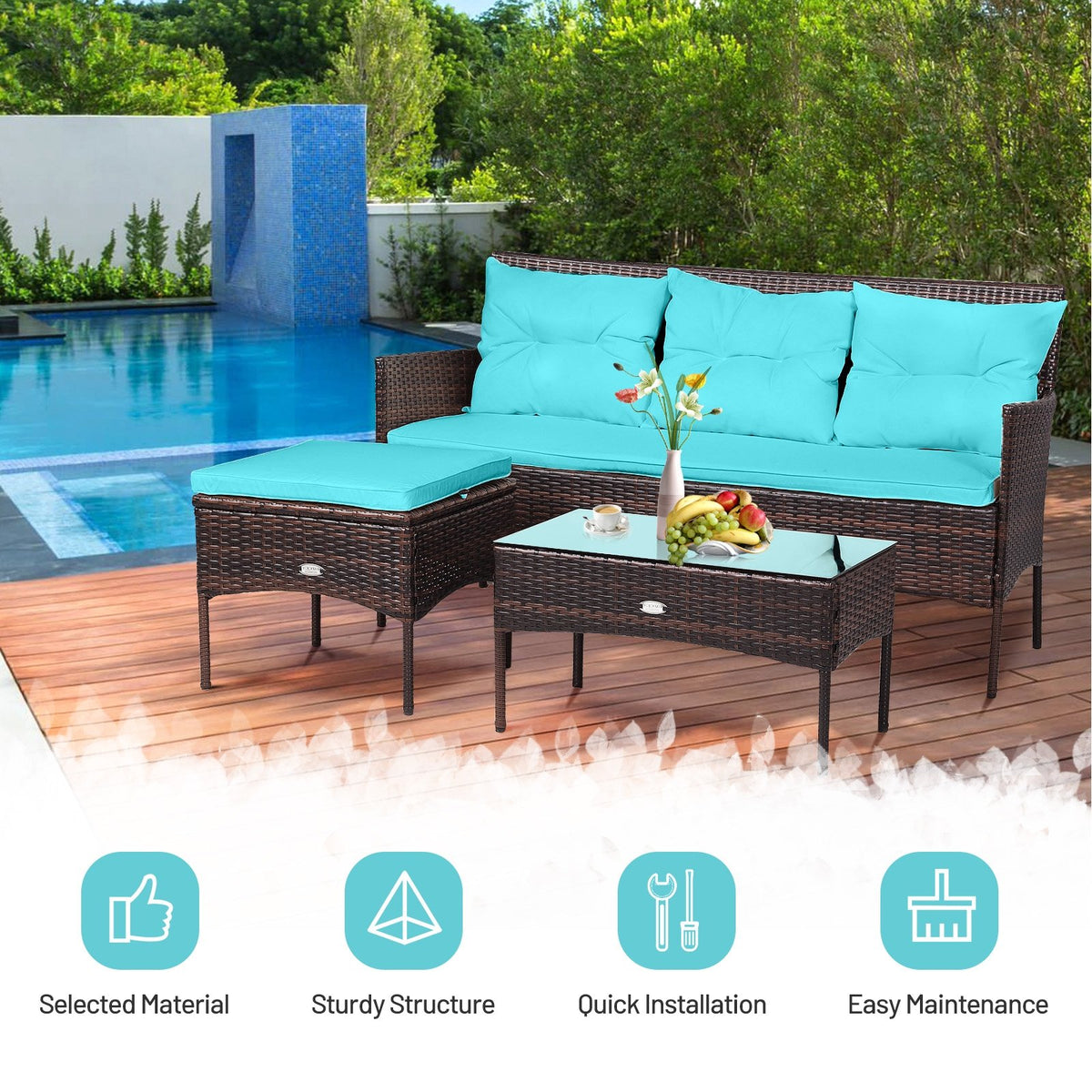 3 Pieces Patio Furniture Sectional Set with 5 Cozy Seat and Back Cushions-Turquoise view 3