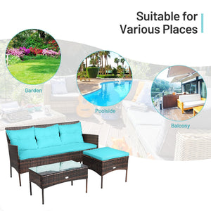 3 Pieces Patio Furniture Sectional Set with 5 Cozy Seat and Back Cushions-Turquoise view 5