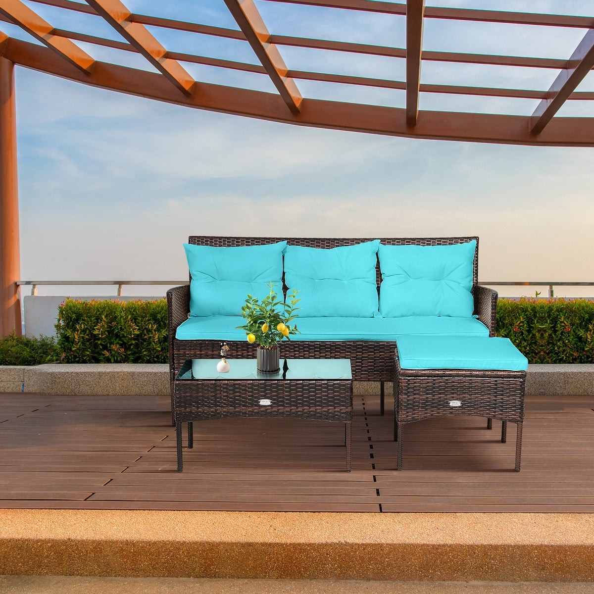 3 Pieces Patio Furniture Sectional Set with 5 Cozy Seat and Back Cushions-Turquoise view 6