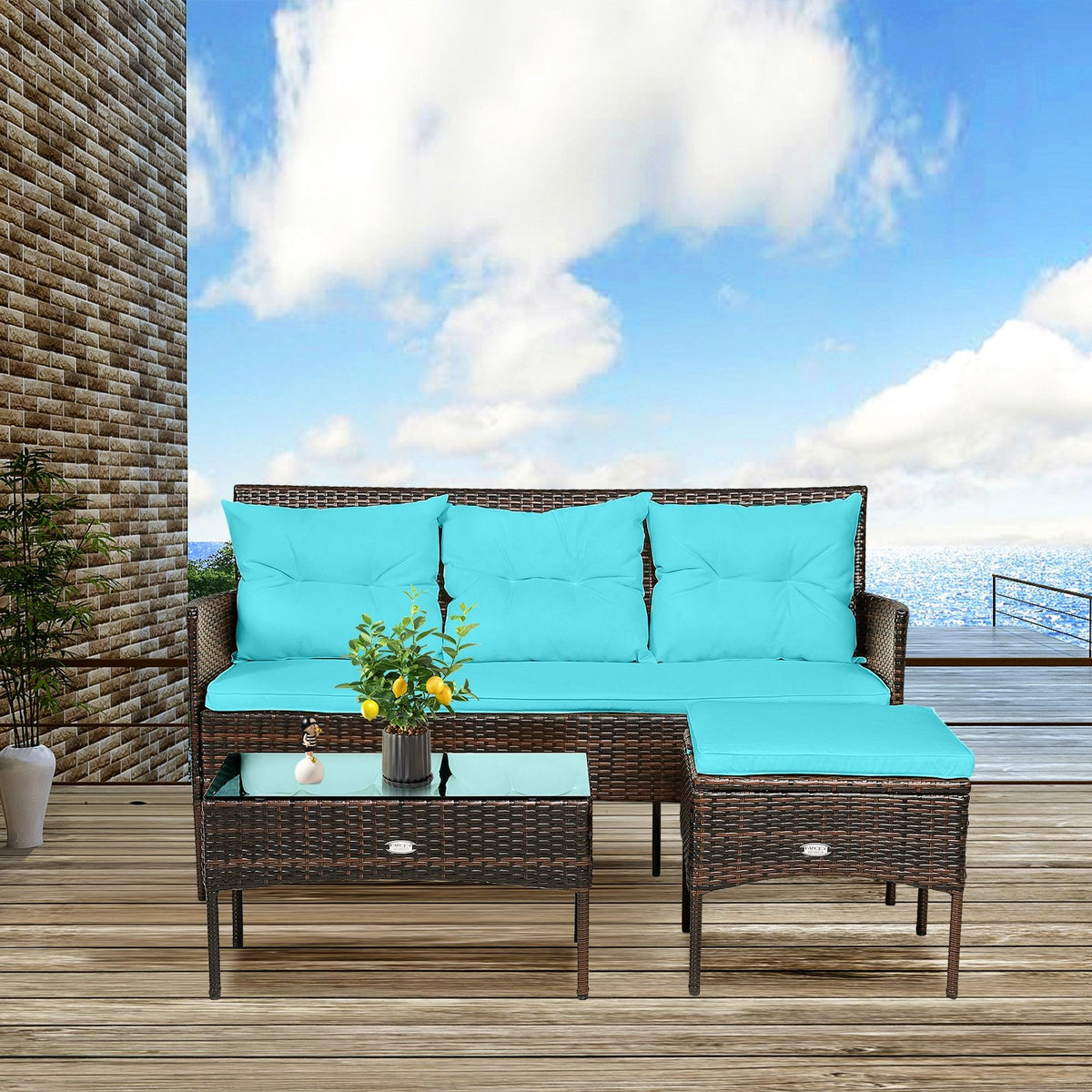 3 Pieces Patio Furniture Sectional Set with 5 Cozy Seat and Back Cushions-Turquoise view 7