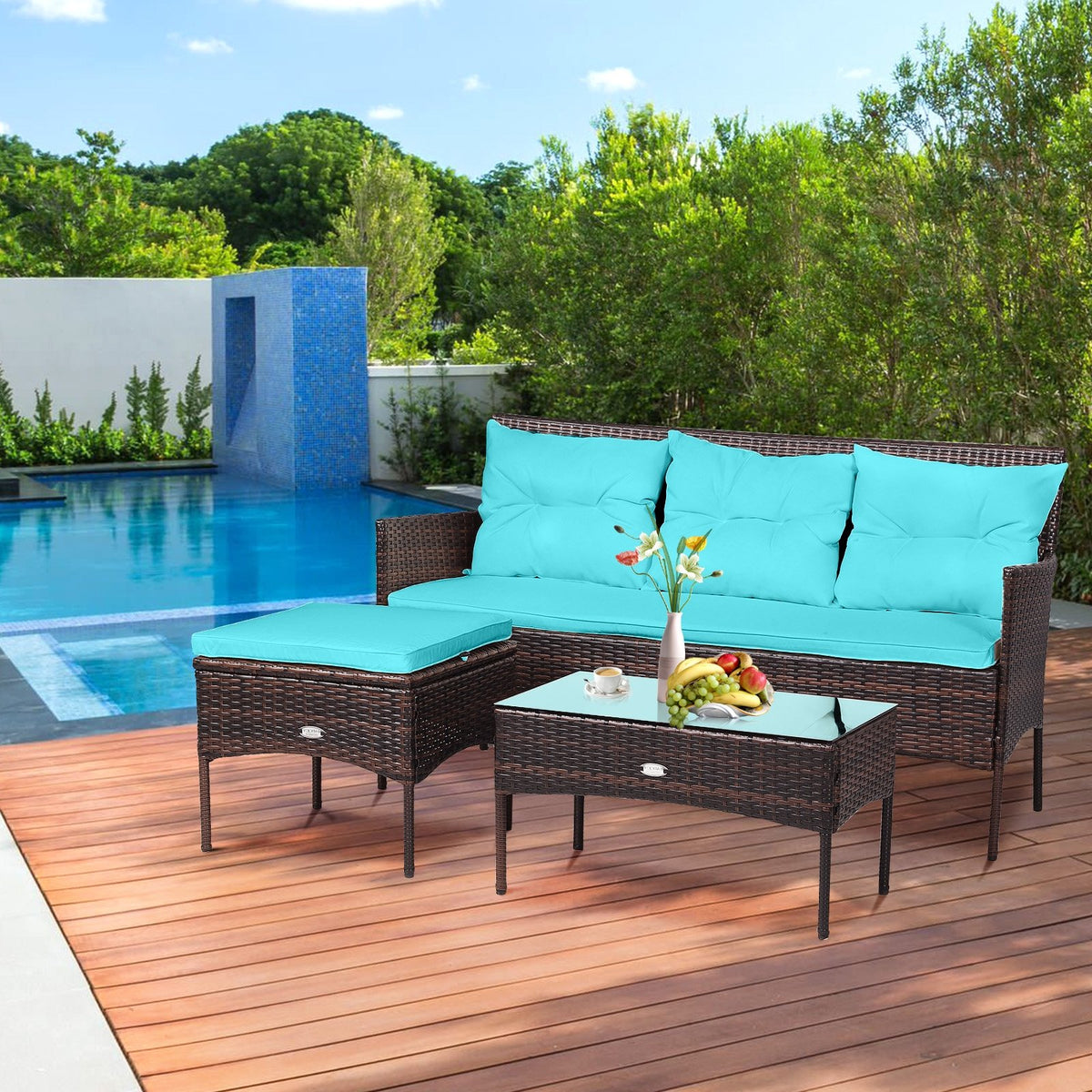 3 Pieces Patio Furniture Sectional Set with 5 Cozy Seat and Back Cushions-Turquoise view 8