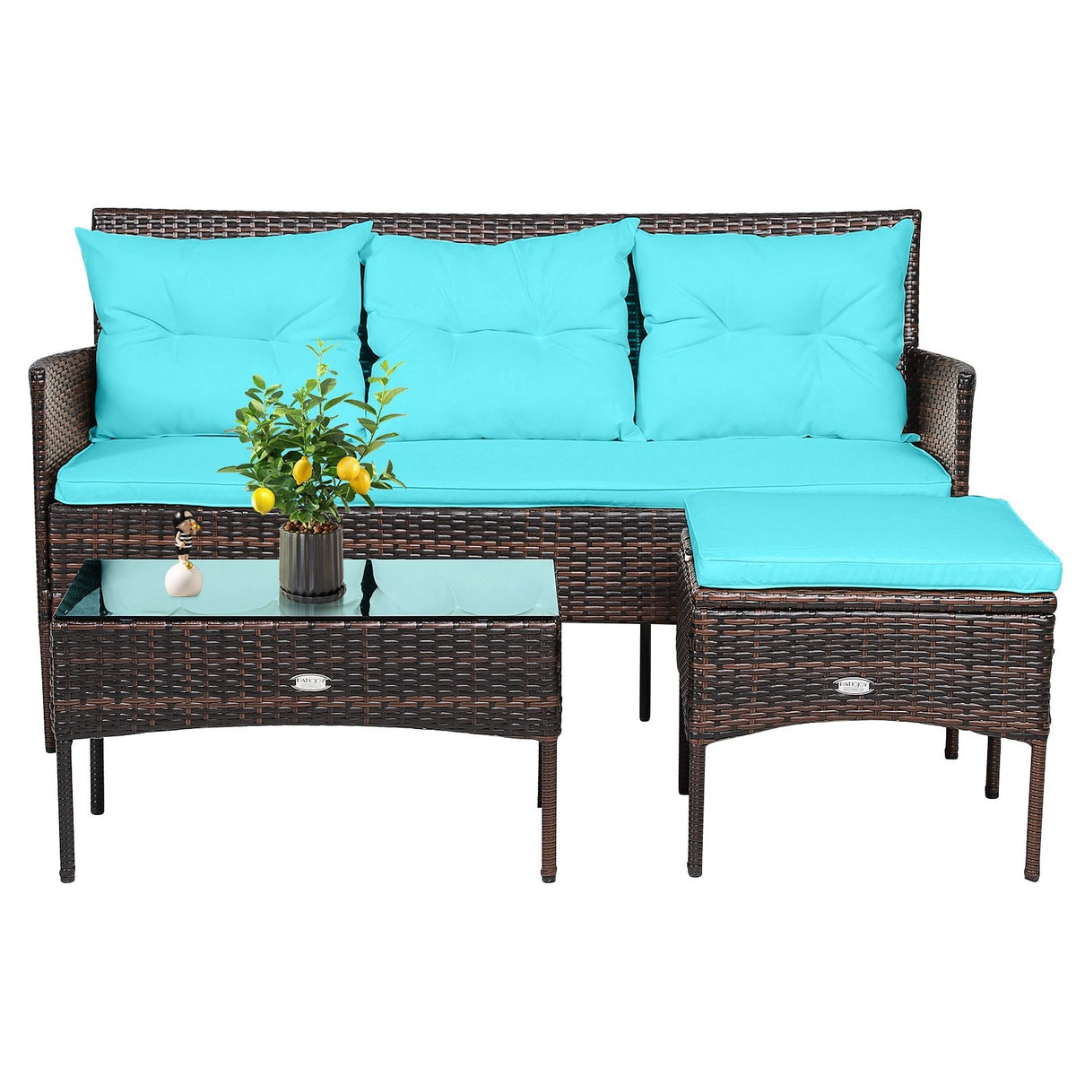 3 Pieces Patio Furniture Sectional Set with 5 Cozy Seat and Back Cushions-Turquoise view 9