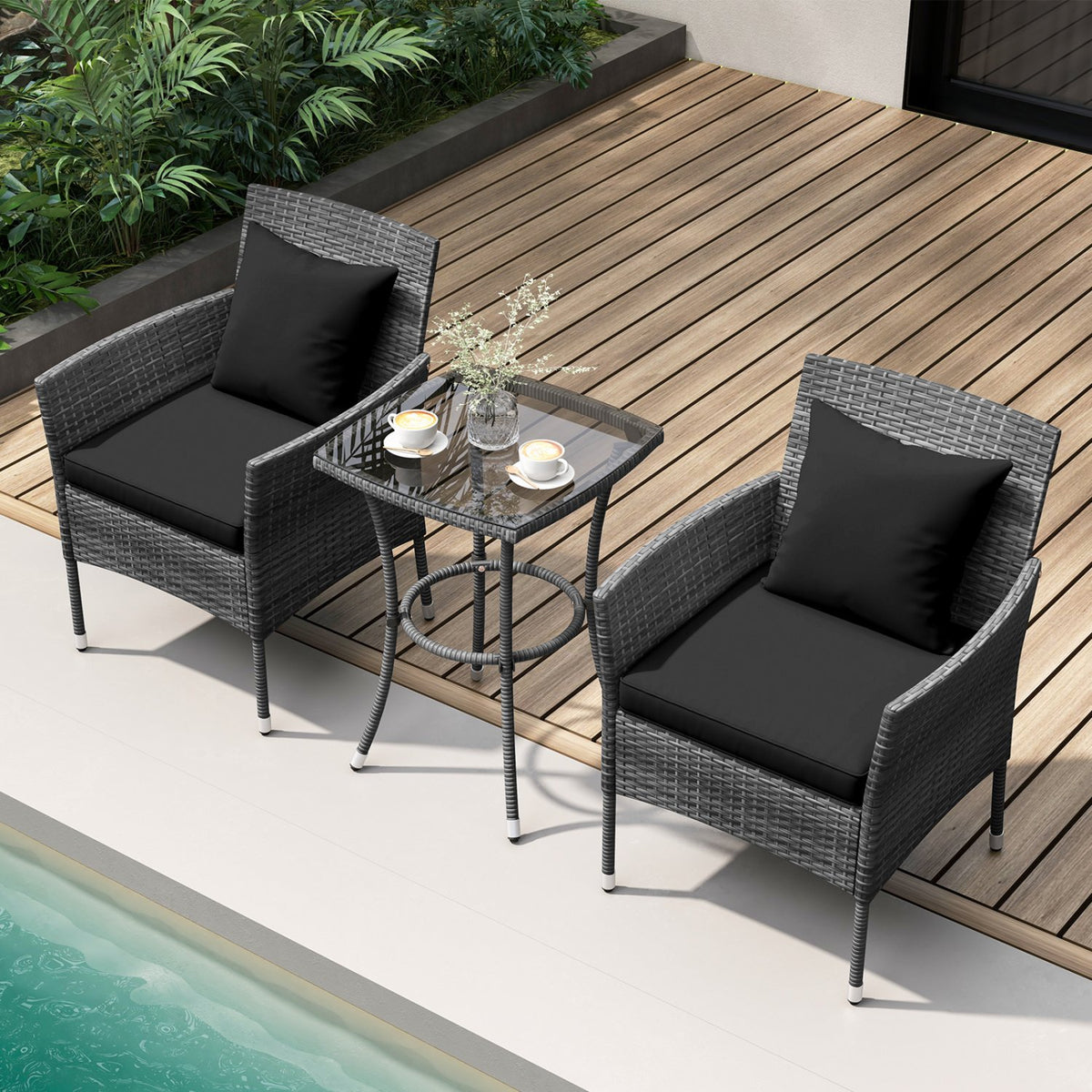 3 Pieces Patio Furniture Set with Cushioned Patio Chairs and Tempered Glass Coffee Table-Black view 2