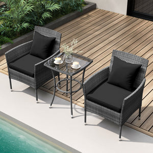 3 Pieces Patio Furniture Set with Cushioned Patio Chairs and Tempered Glass Coffee Table-Black view 2