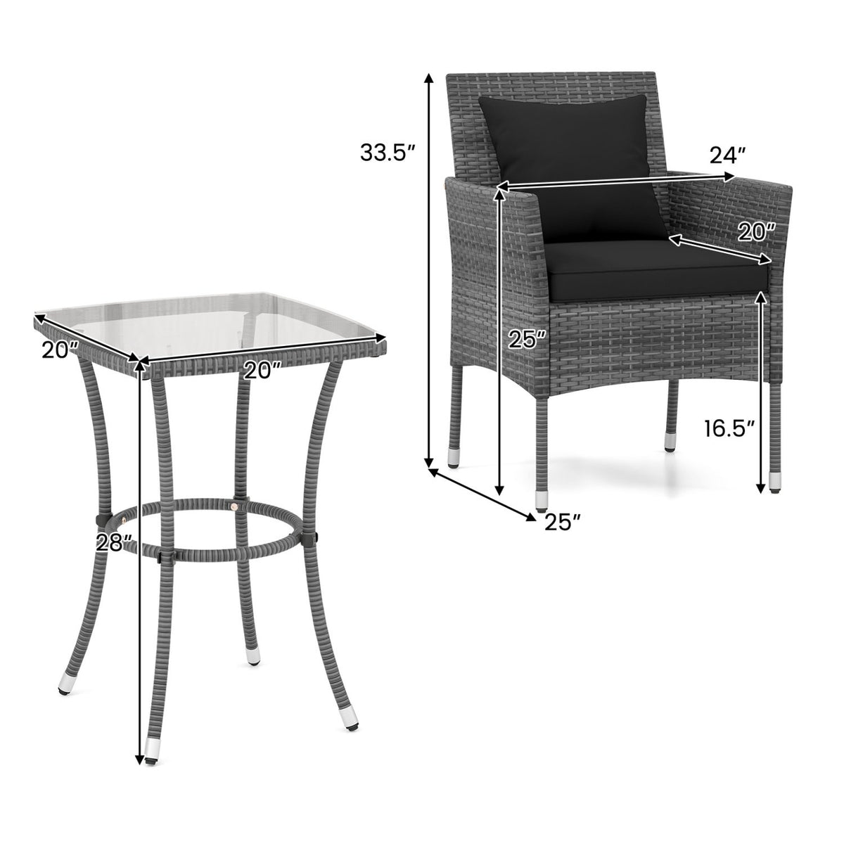 3 Pieces Patio Furniture Set with Cushioned Patio Chairs and Tempered Glass Coffee Table-Black view 5