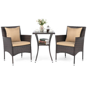 3 Pieces Patio Furniture Set with Cushioned Patio Chairs and Tempered Glass Coffee Table-Brown